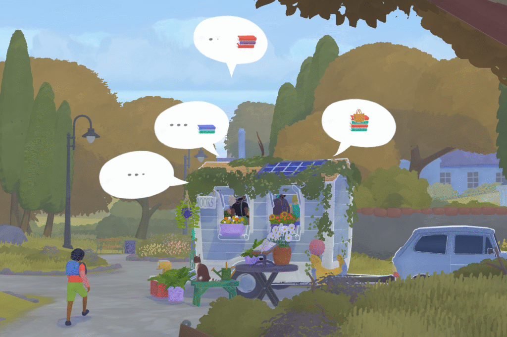 a picture of the video game Tiny Bookshop. There is a small trailer shed attached to a car, parked in a park setting